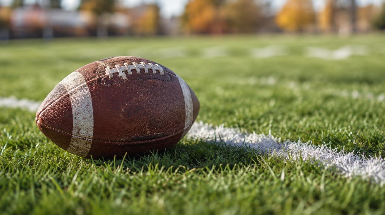 An American football resting on green grass beside a painted white yard line.