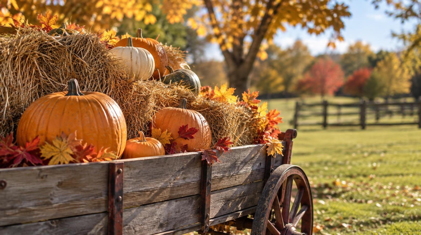A wooden wagon loaded with hay bales and orange pumpkins on a sunny autumn day.