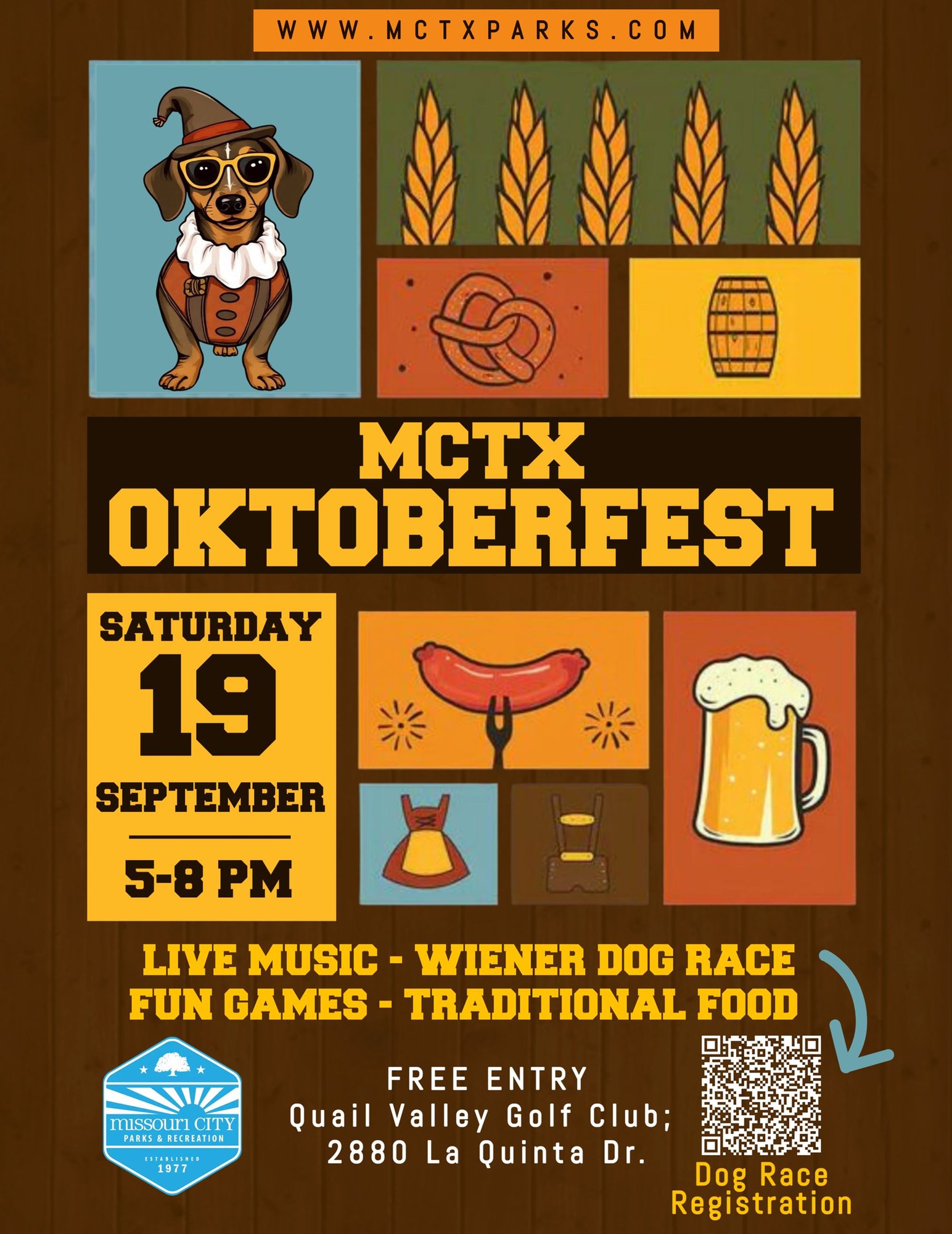 Event flyer for MCTX OktoberFest showing a costumed dachshund and festival icons.
