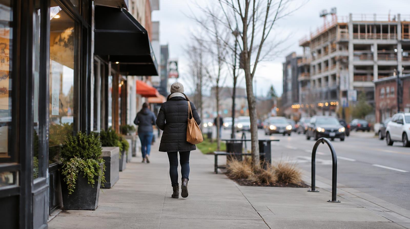 Suburban commercial street with storefronts and a mid-rise apartment building under construction.