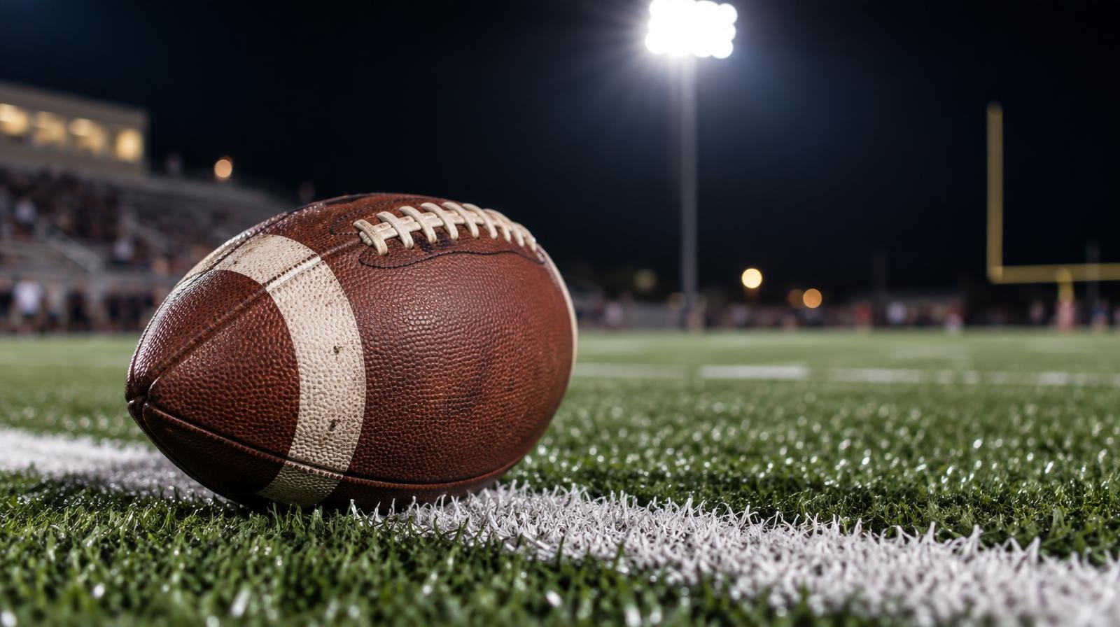 An American football on green artificial turf beside a white yard line under bright lights.