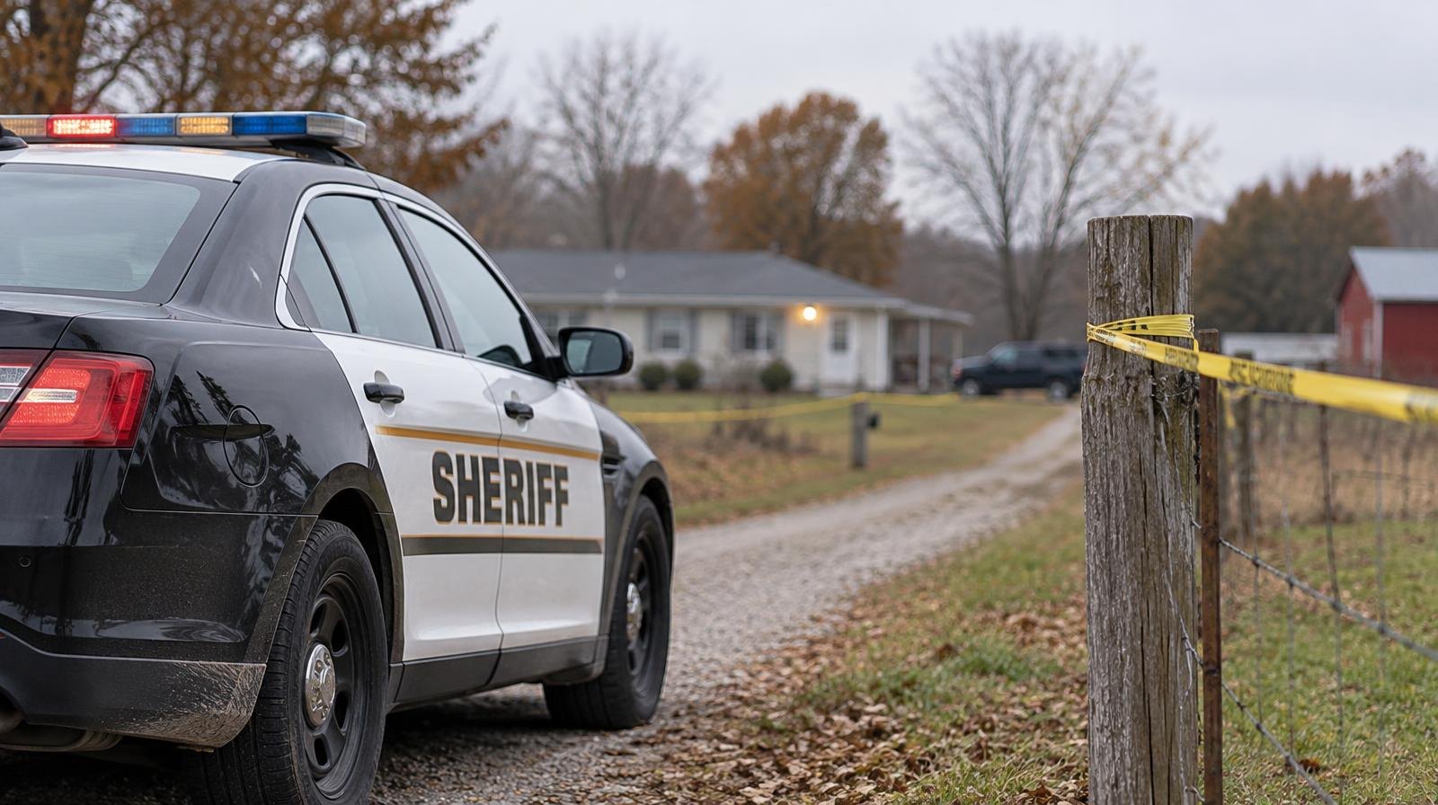 Sheriff's patrol car parked near a fence with yellow crime scene tape.