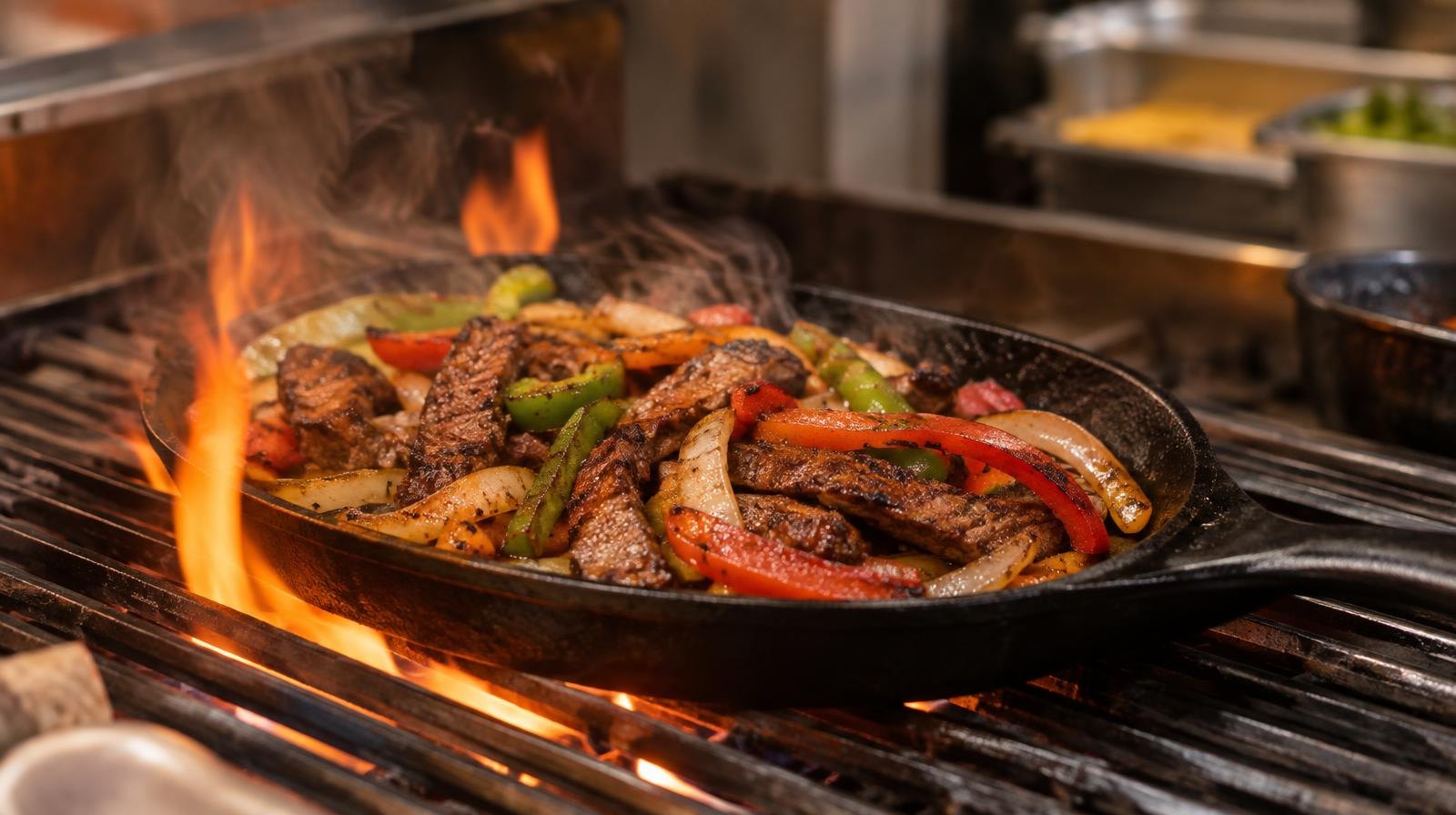 Sizzling cast-iron skillet with grilled meat and vegetables over an open flame.