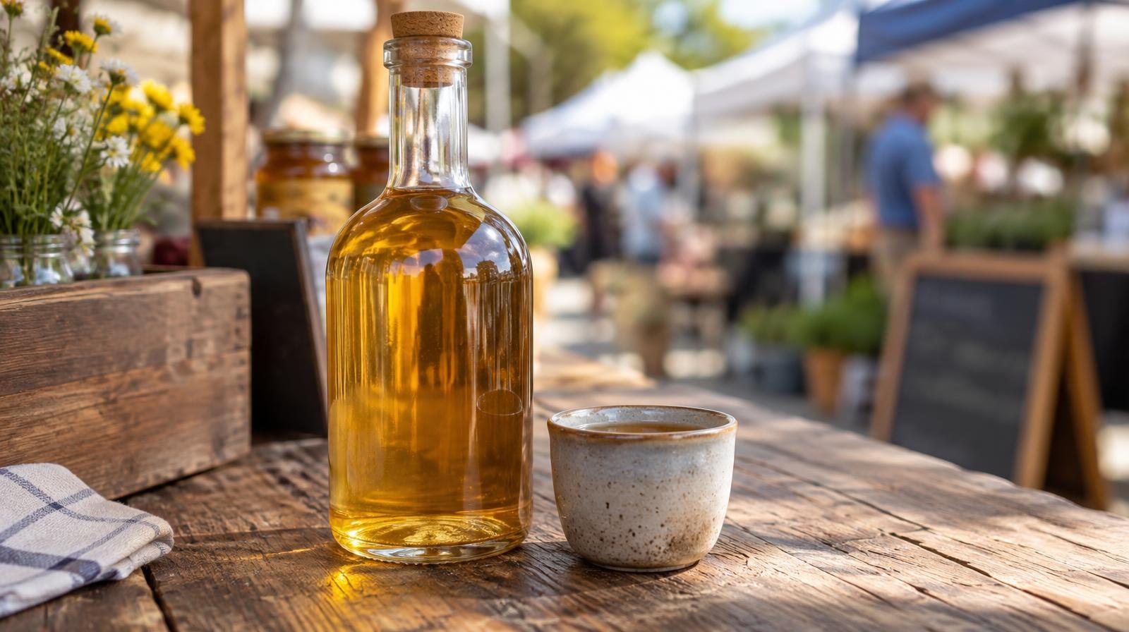 A glass bottle of golden mead with a cork stopper next to a small tasting cup on a wooden surface.