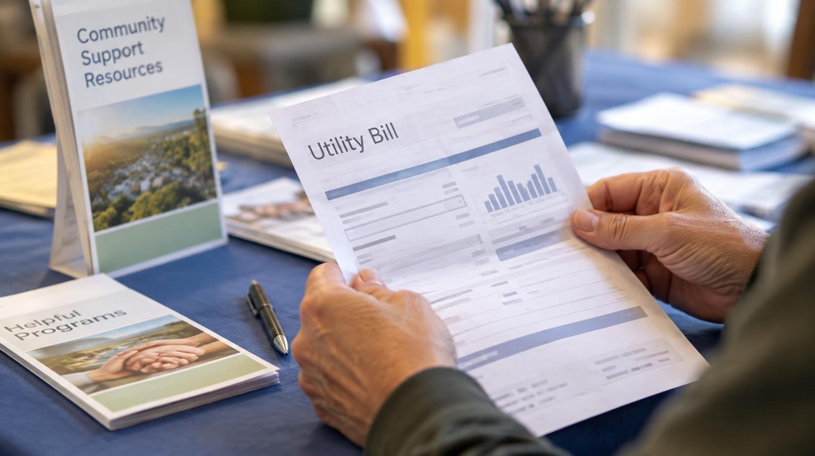 Hands holding a utility bill at a table with brochures and a pen.