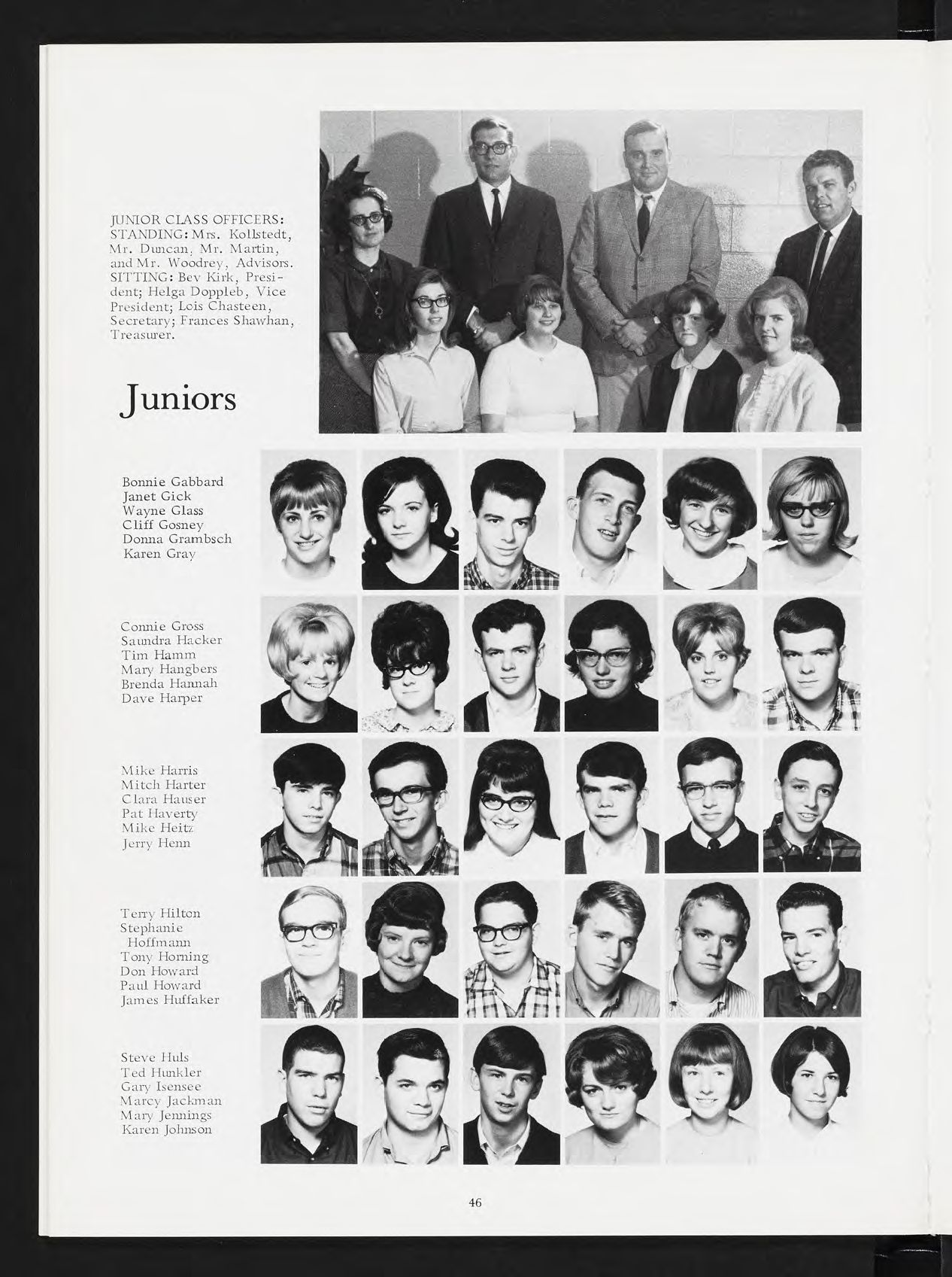 Black-and-white yearbook page with a group photo of junior class officers and rows of student portraits.