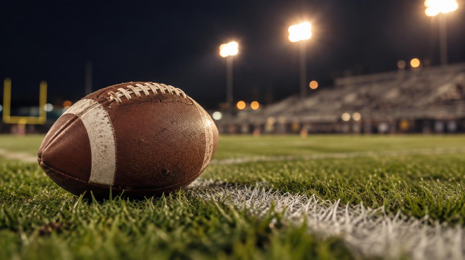 An American football resting on a grass field beside a white yard line under stadium lights.