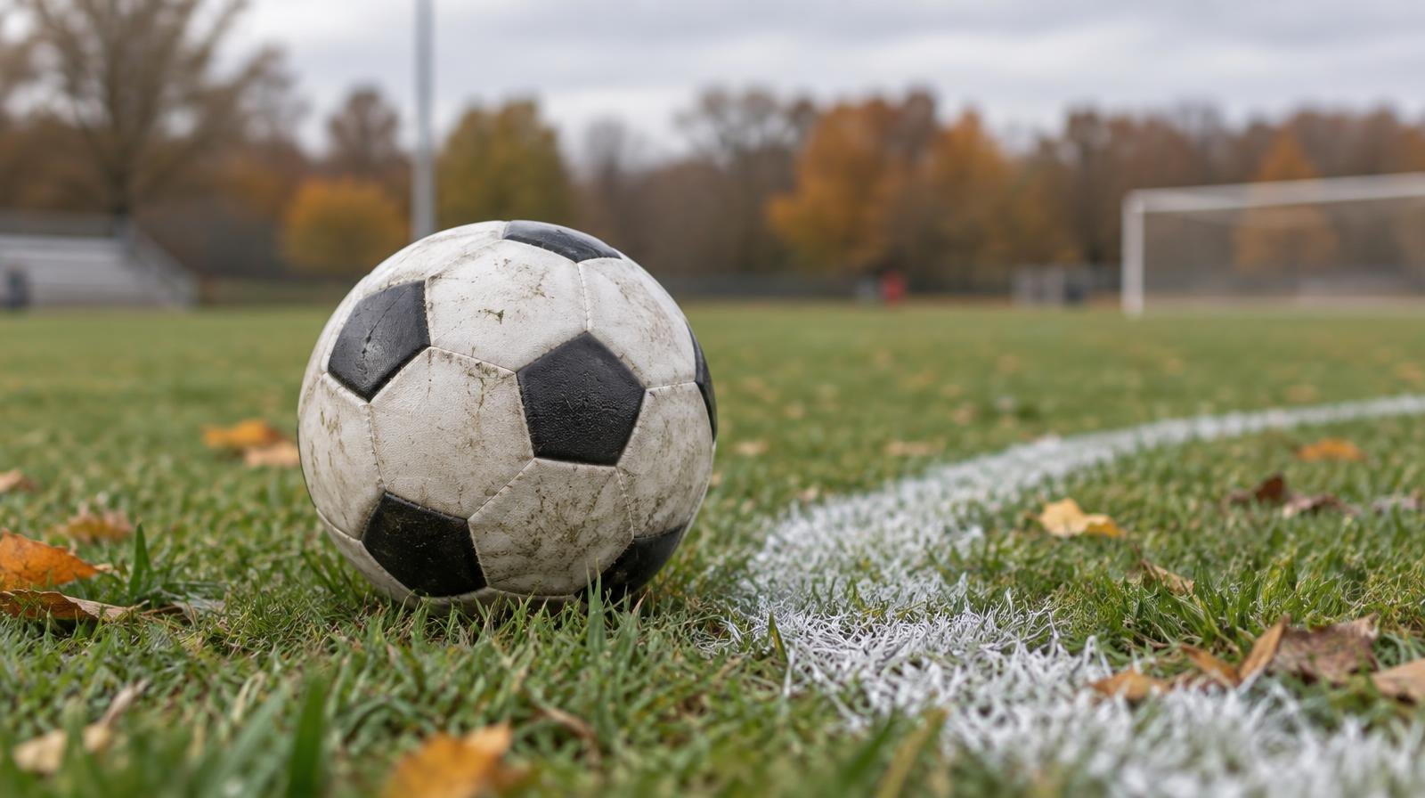 A soccer ball resting on a grass field beside a white center circle line.