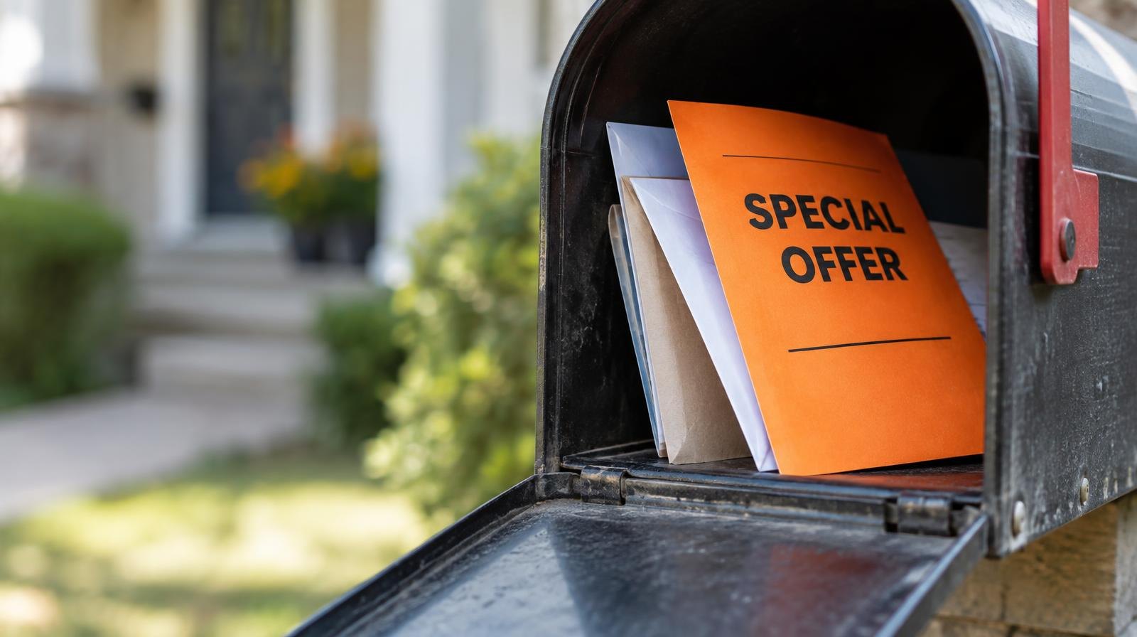 A bright orange flyer sticking out of a residential mailbox among other mail.