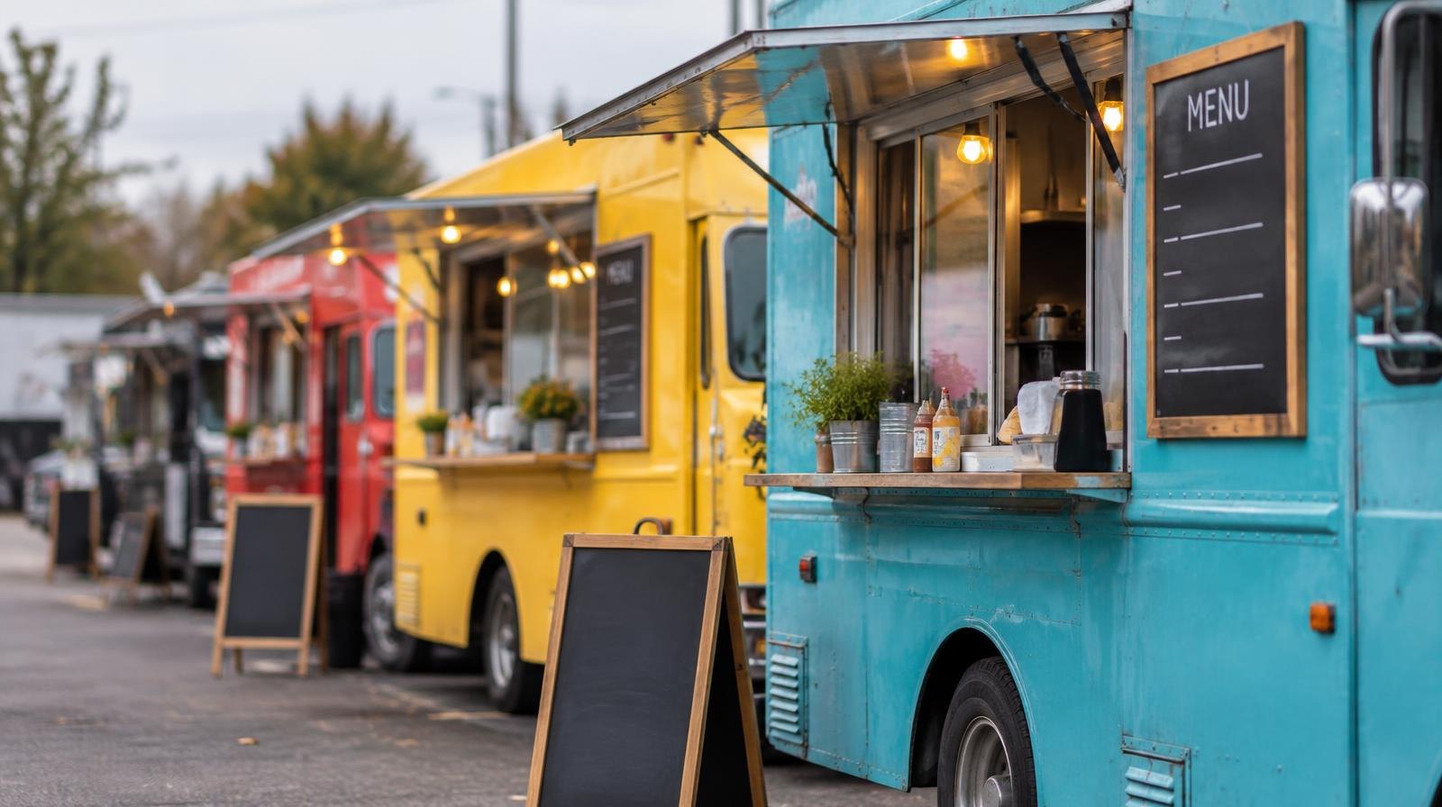 Colorful food trucks with open service windows lined up on a paved lot
