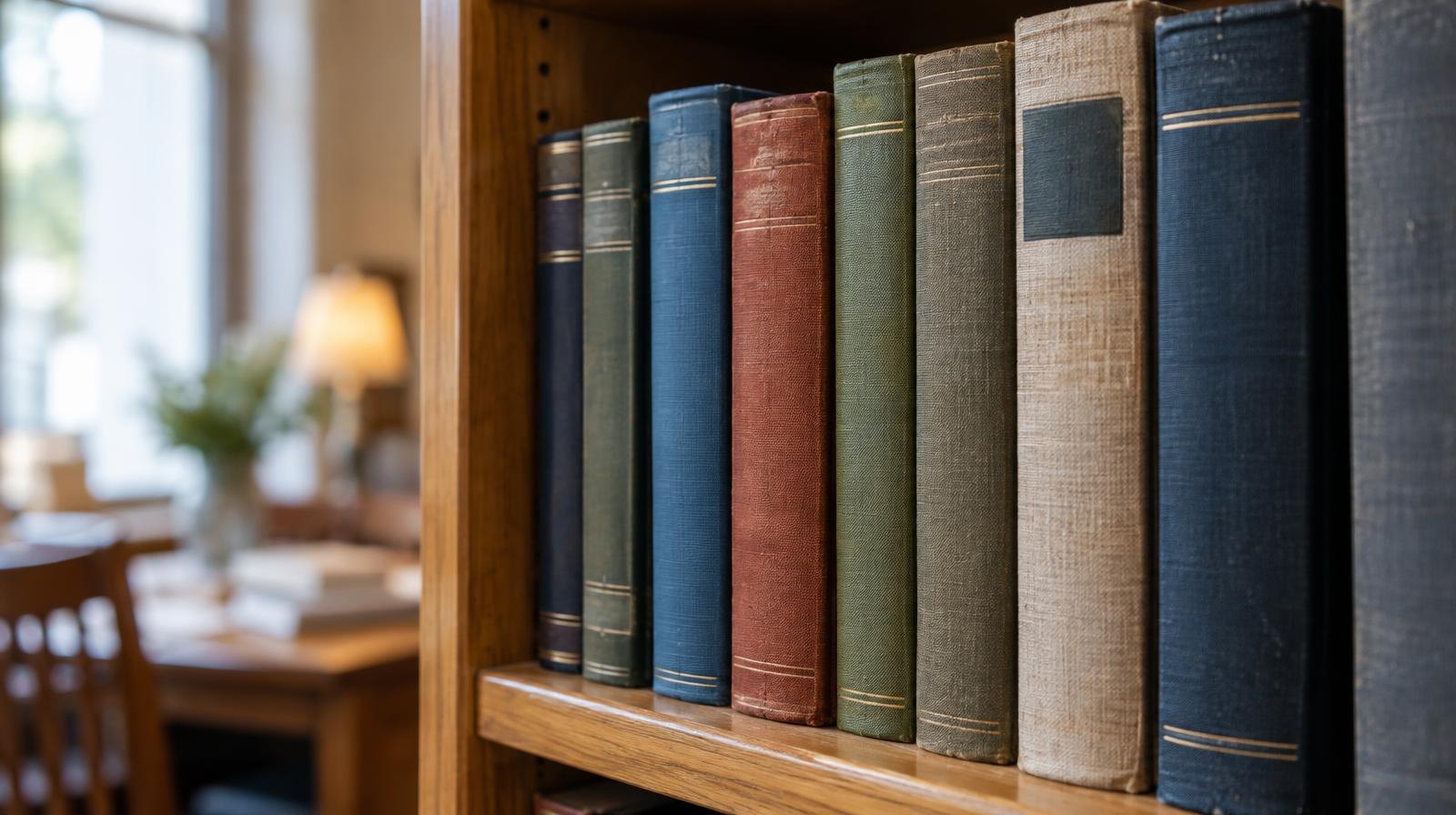 A row of hardcover books standing upright on a wooden library shelf.