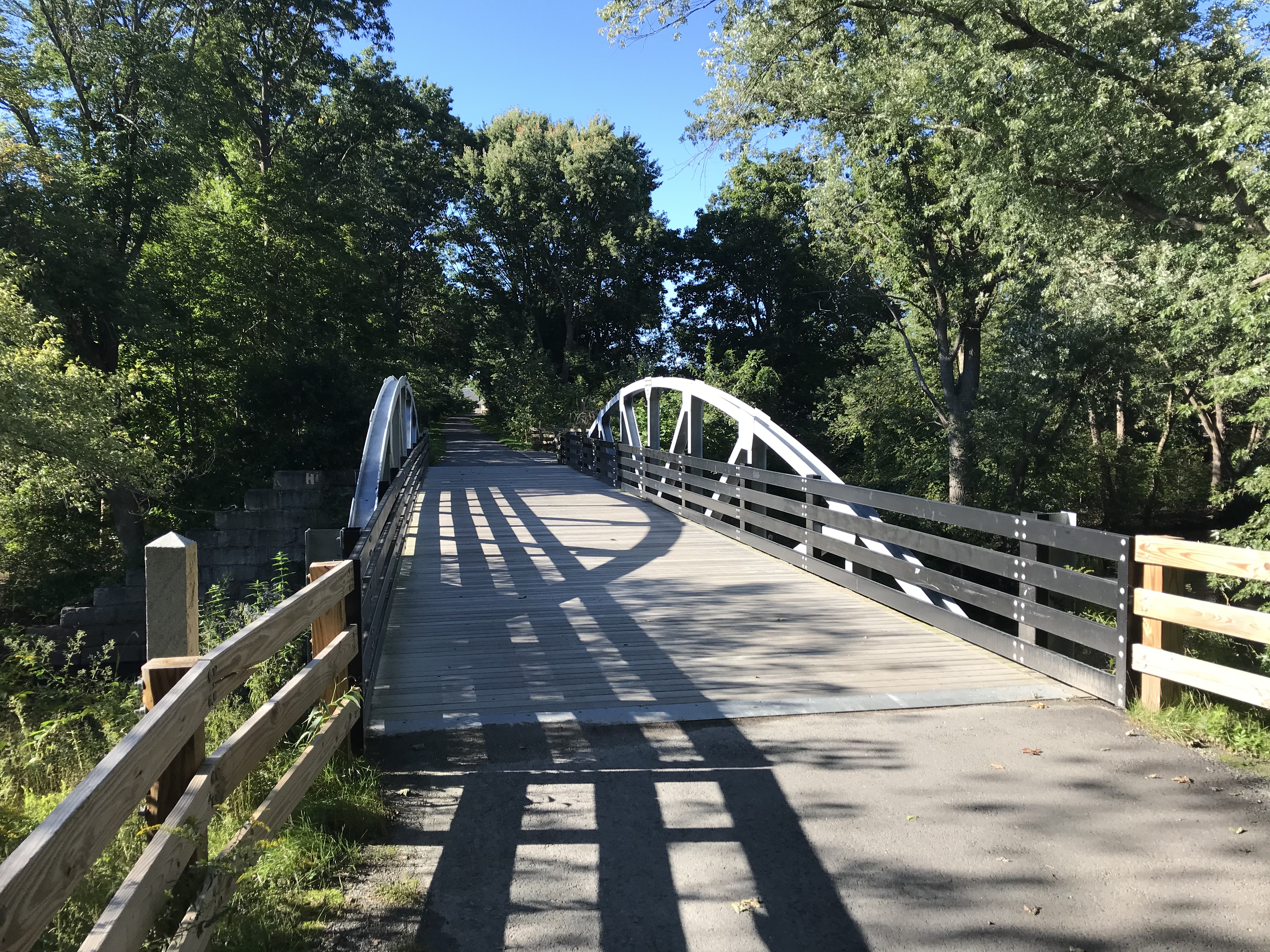 A pedestrian bridge with white arched supports and wooden railings over a tree-lined river.