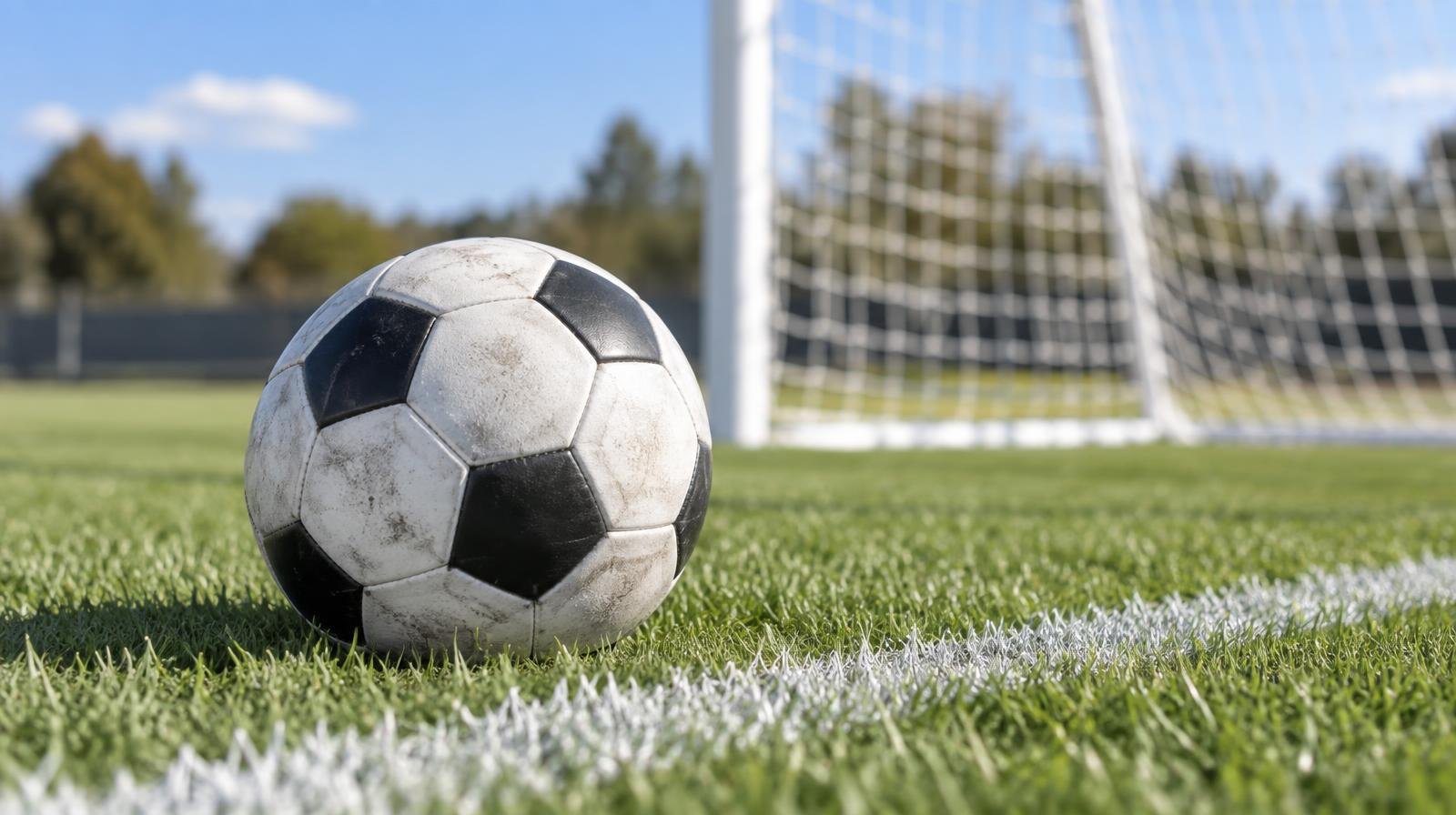 A black-and-white soccer ball resting on green grass near a goal net.