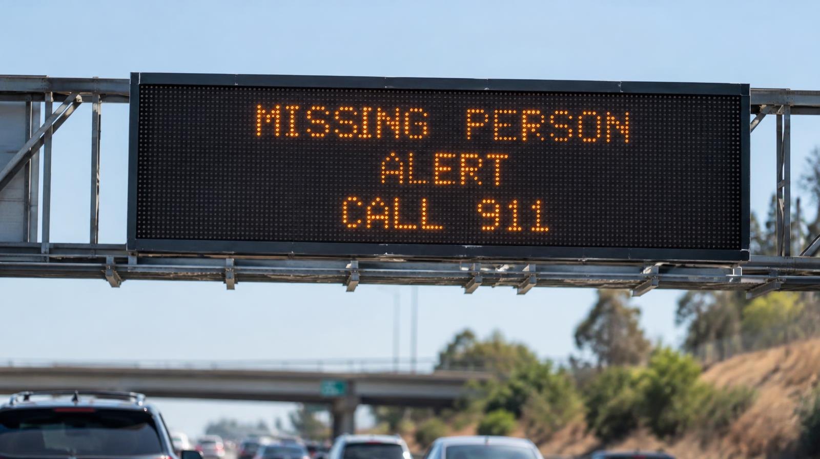 Overhead highway sign displaying an emergency missing person alert message.