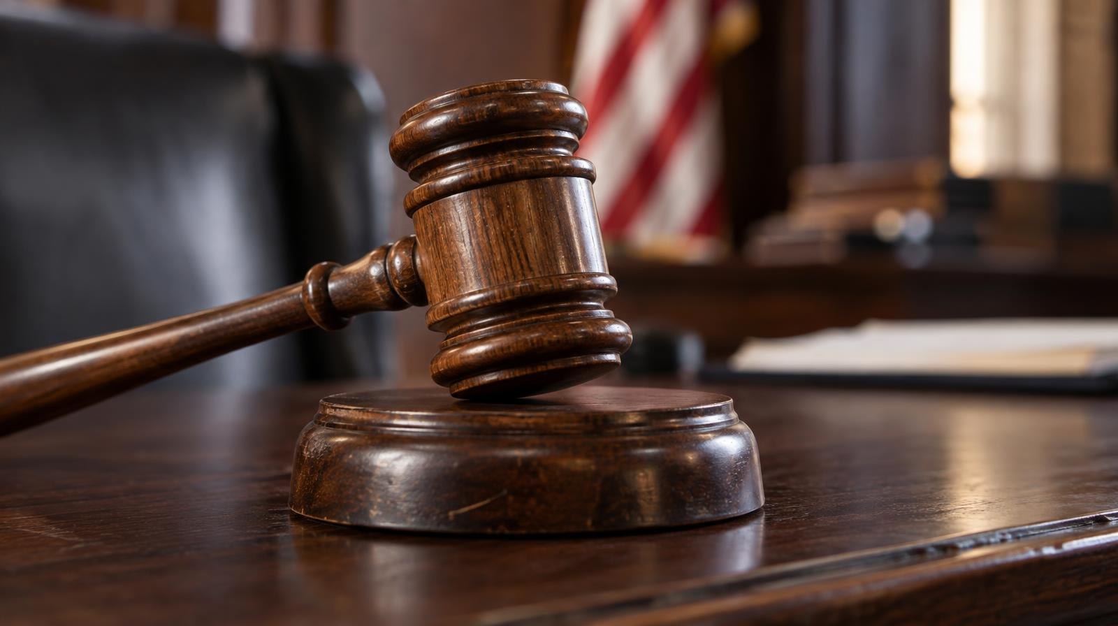 A wooden gavel resting on its sound block on a dark surface.