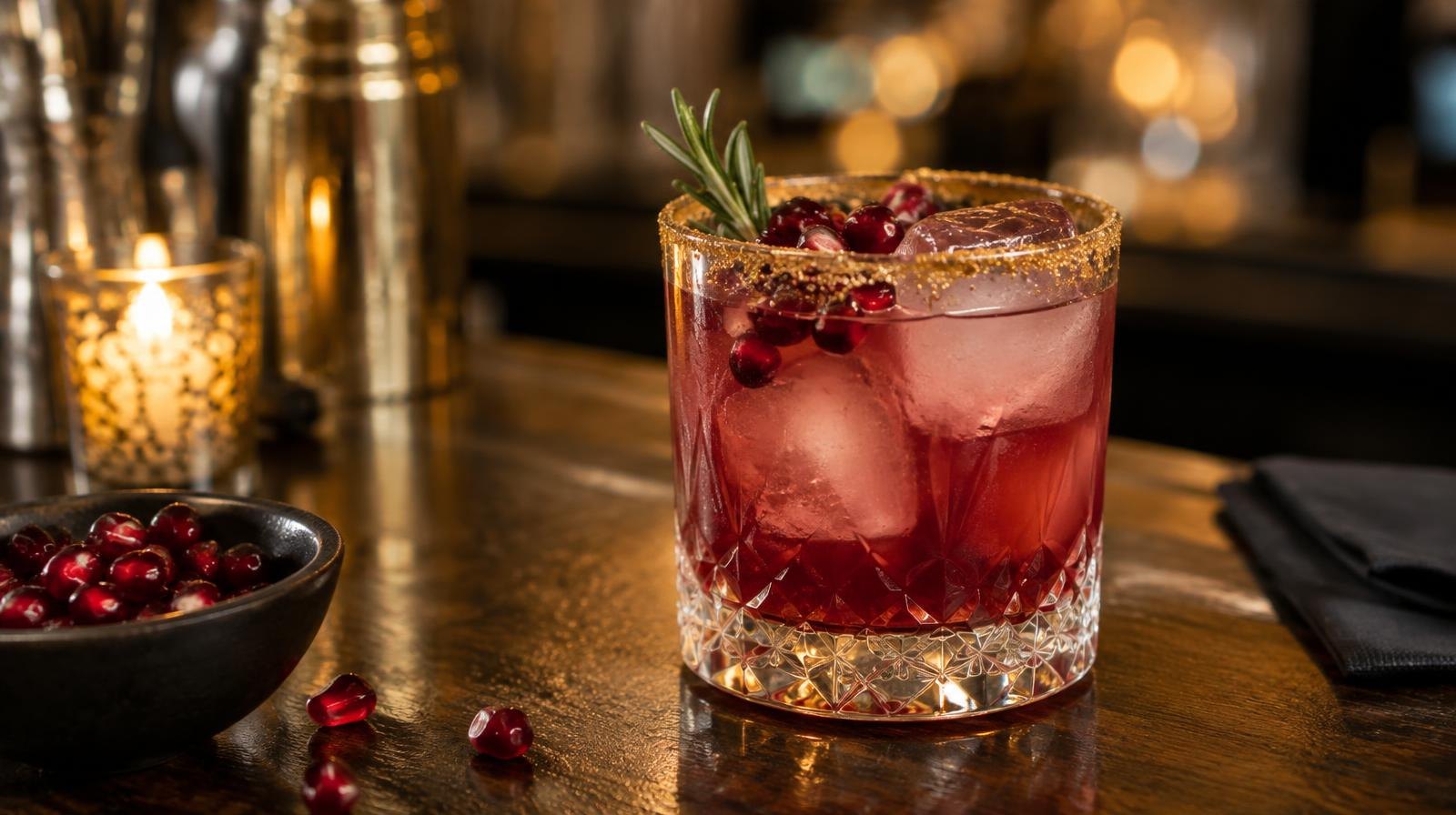 A cocktail in a gold-glitter-rimmed rocks glass garnished with red pomegranate seeds.
