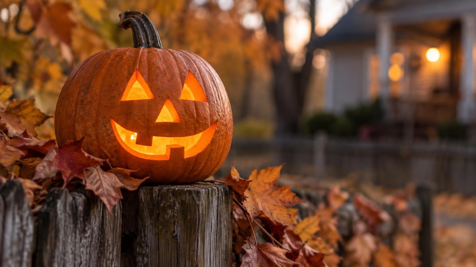 A glowing carved jack-o'-lantern on a wooden fence post amid autumn leaves.