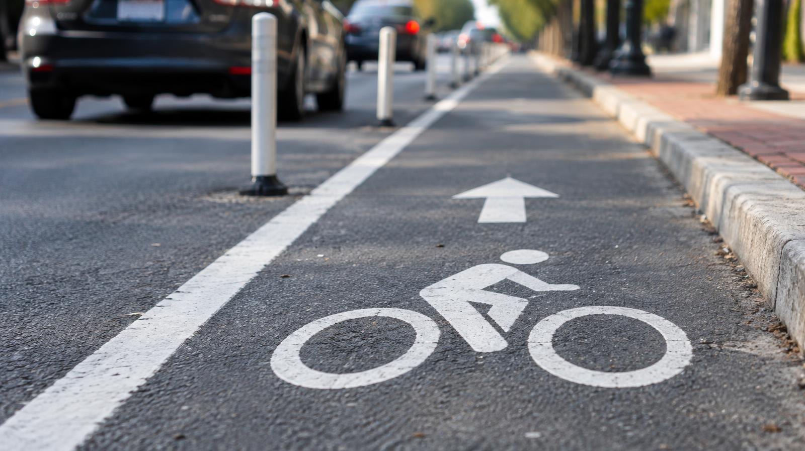 White bicycle symbol and arrow painted on a dedicated urban bike lane.