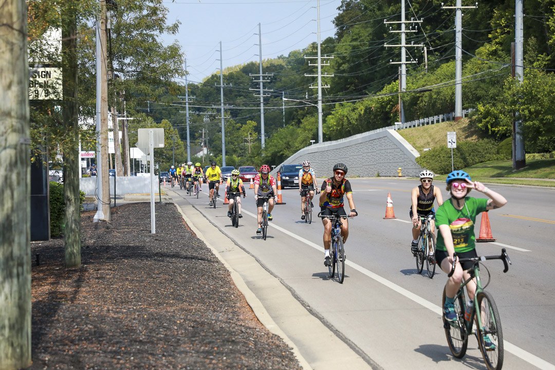 Group of cyclists riding along a tree-lined road with orange traffic cones.