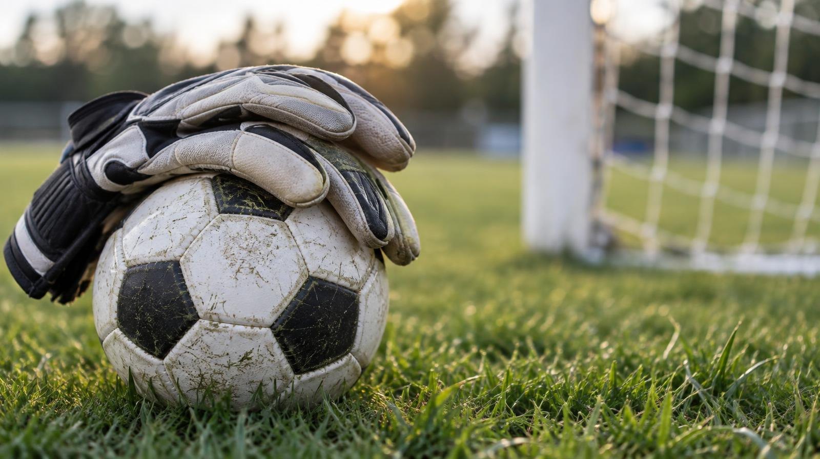 Goalkeeper gloves resting on a soccer ball on a grass field near a goal post.