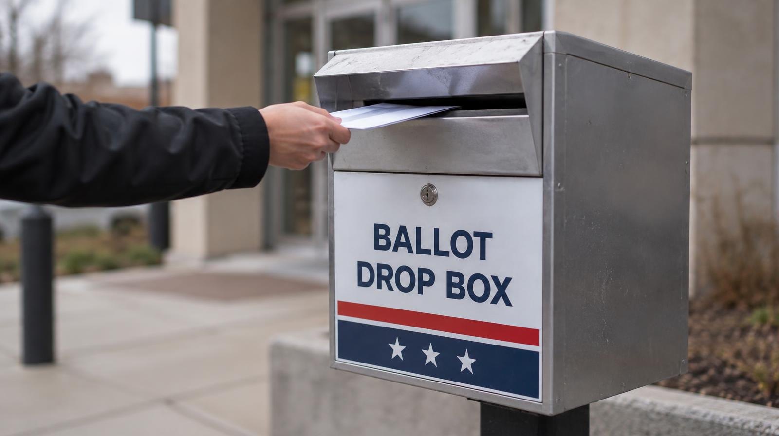 An official ballot drop box mounted on a post outdoors near a building entrance.