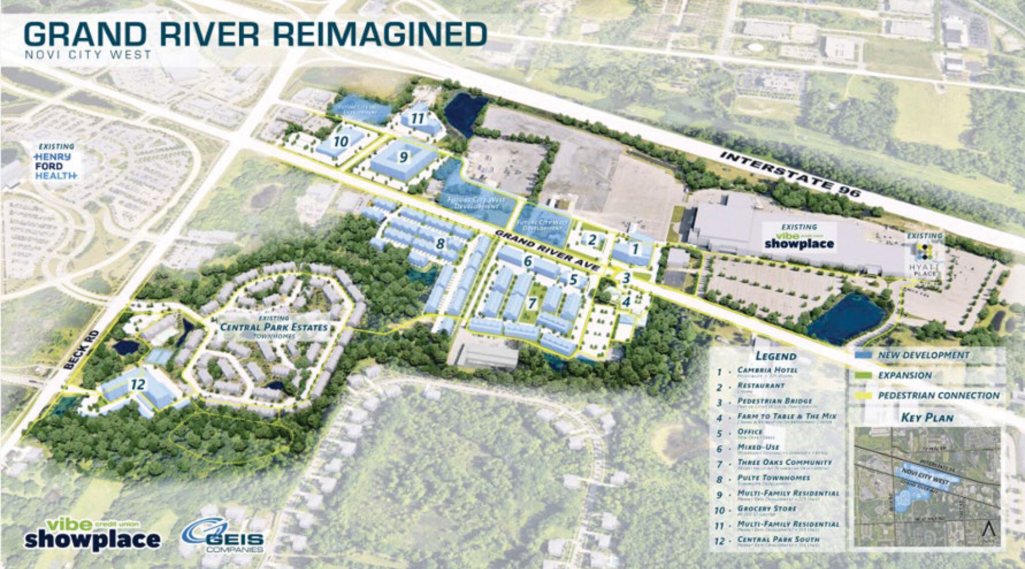 Aerial site-plan rendering of a large mixed-use development along a highway corridor.