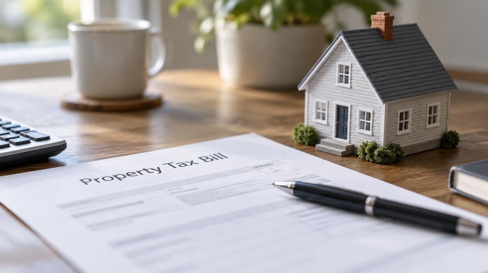 Small model house next to a document and pen on a wooden desk.