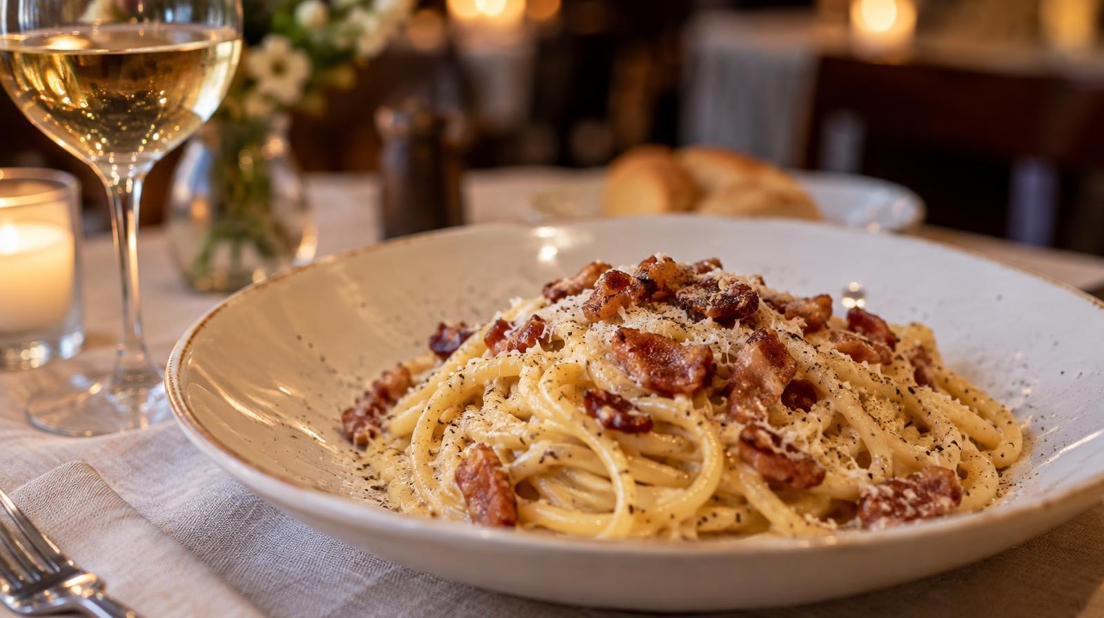 Plate of creamy carbonara pasta beside a glass of white wine on a restaurant table.