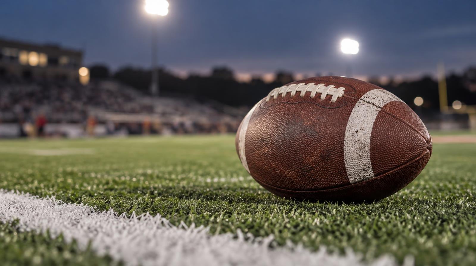 An American football resting on green turf beside a white yard line under stadium lights.