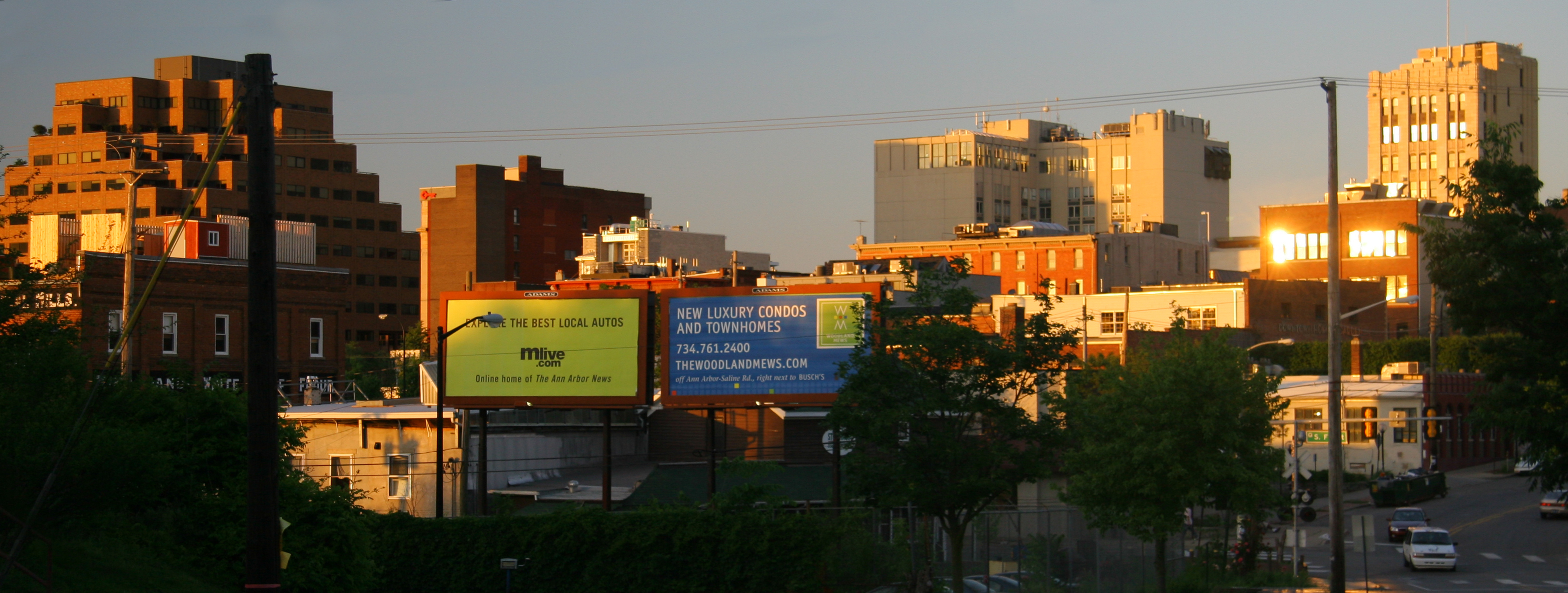 Downtown Ann Arbor skyline at dusk with multi-story commercial buildings and street trees.