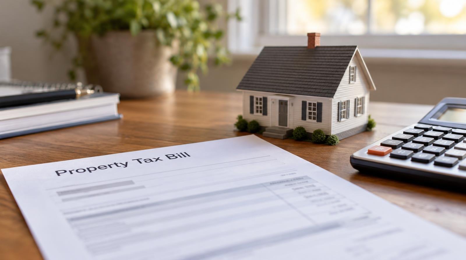Small model house and calculator next to a tax document on a wooden desk.