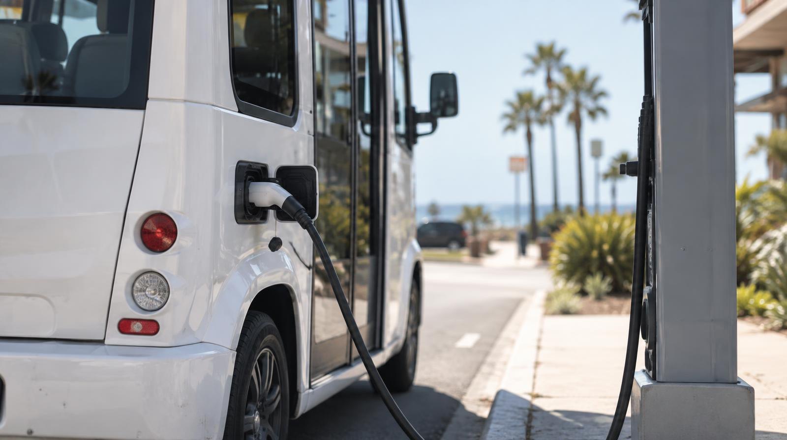 Small white electric shuttle van parked at a sunny curbside stop.
