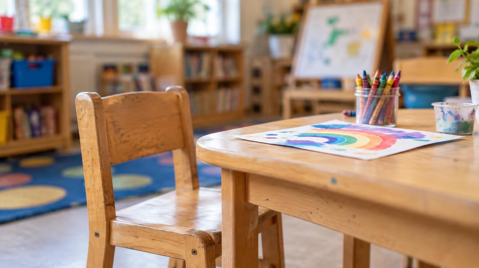 Small wooden child's chair beside a colorful art project on a low table.
