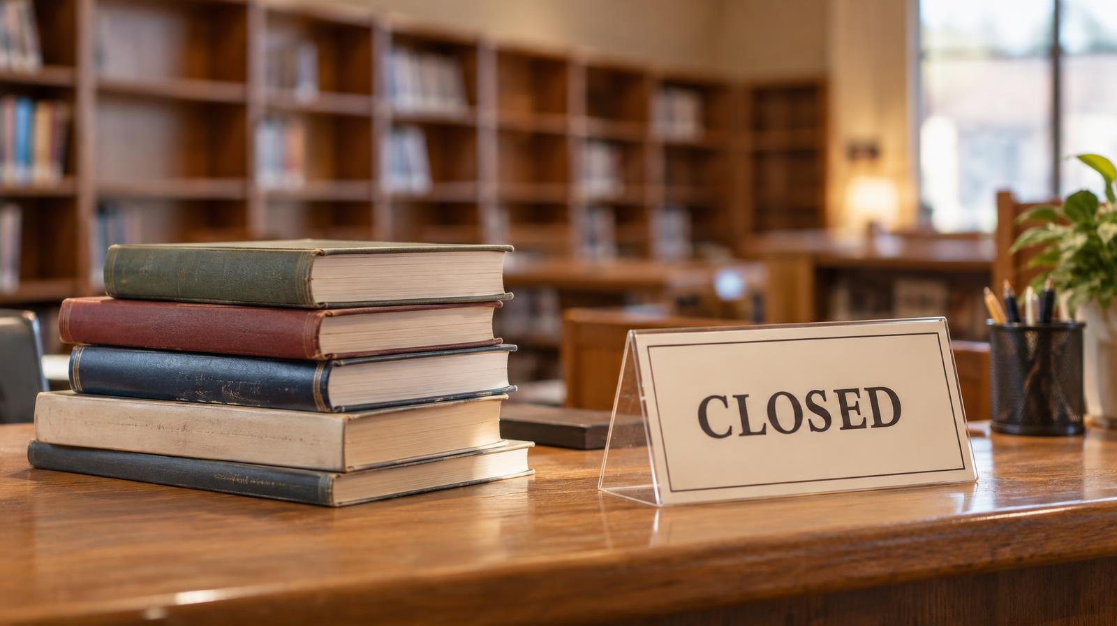 Stack of colorful library books next to a closed sign on a wooden counter.