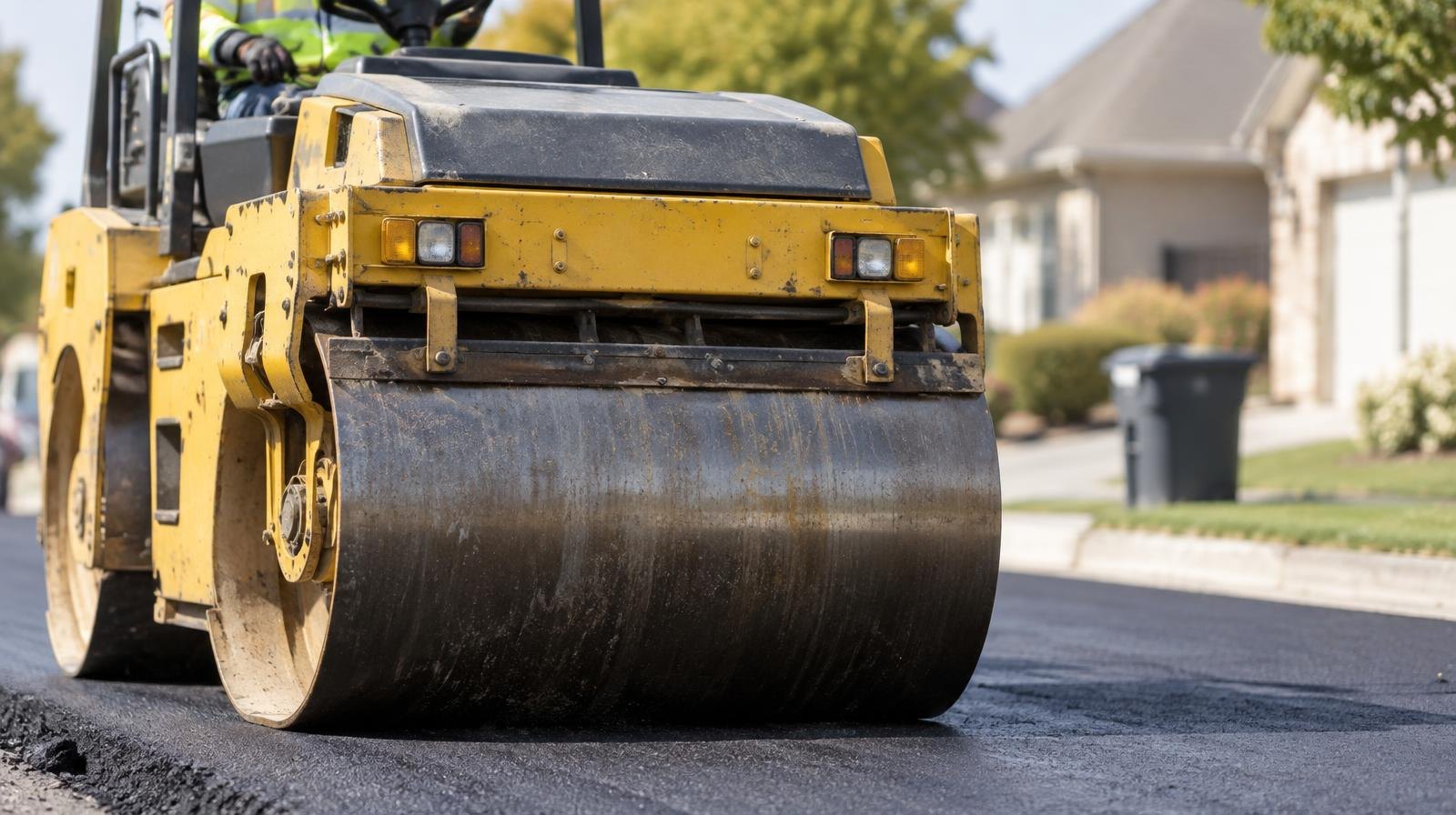 Yellow asphalt road roller compacting fresh pavement on a suburban street.