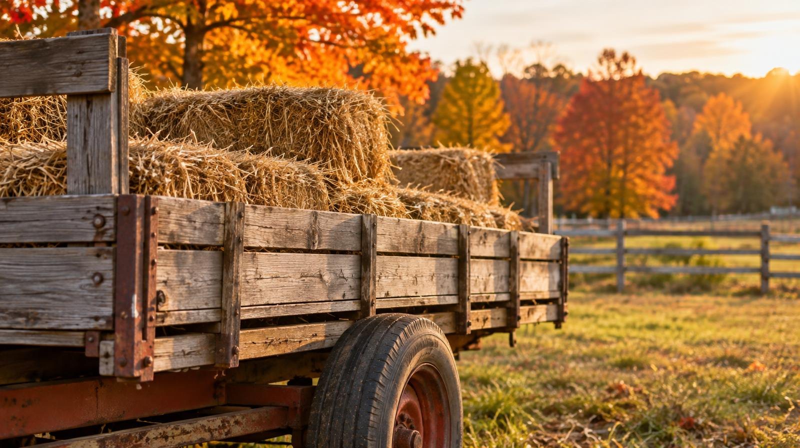 Wooden wagon filled with hay bales at the edge of a meadow with autumn foliage.