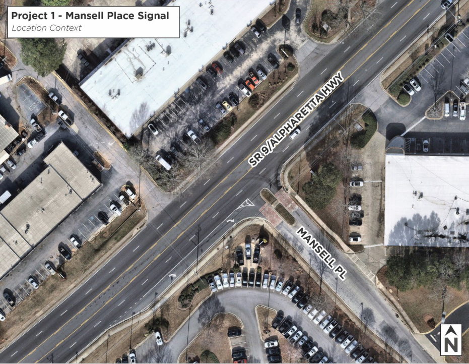 Aerial map showing the intersection of SR 9 and Mansell Place with road labels.