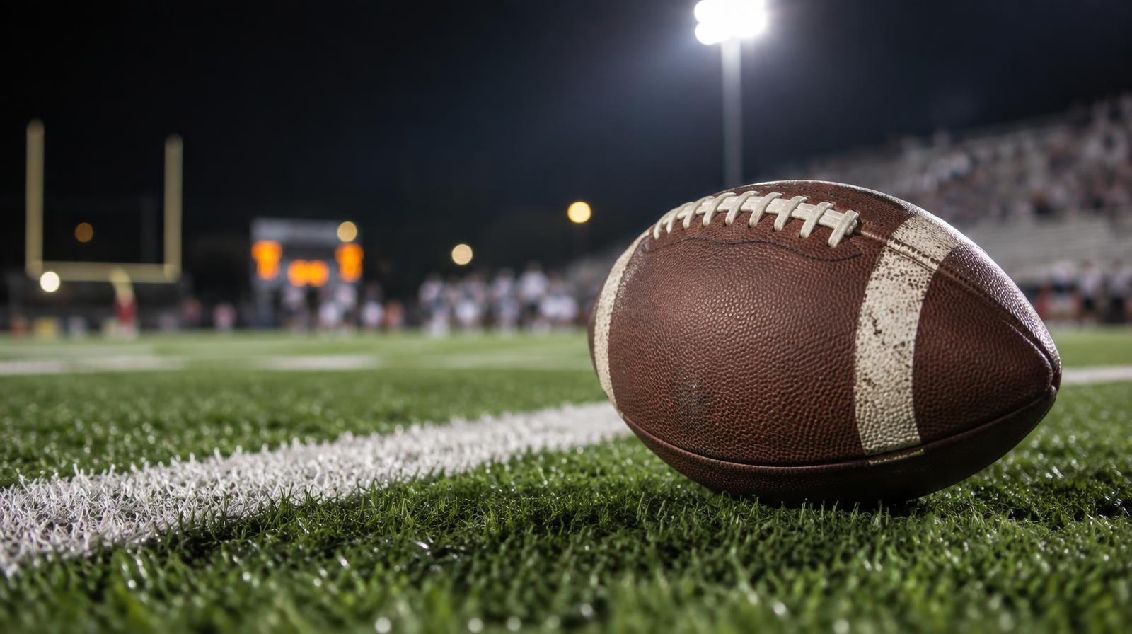 An American football on green turf beside a white yard line under bright lights.