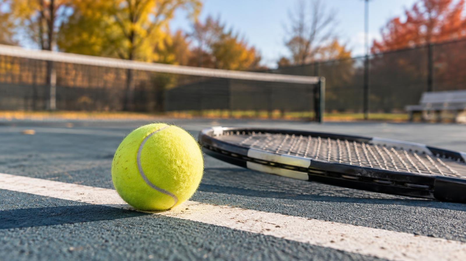 Yellow tennis ball and racket resting on the baseline of an outdoor hard court.