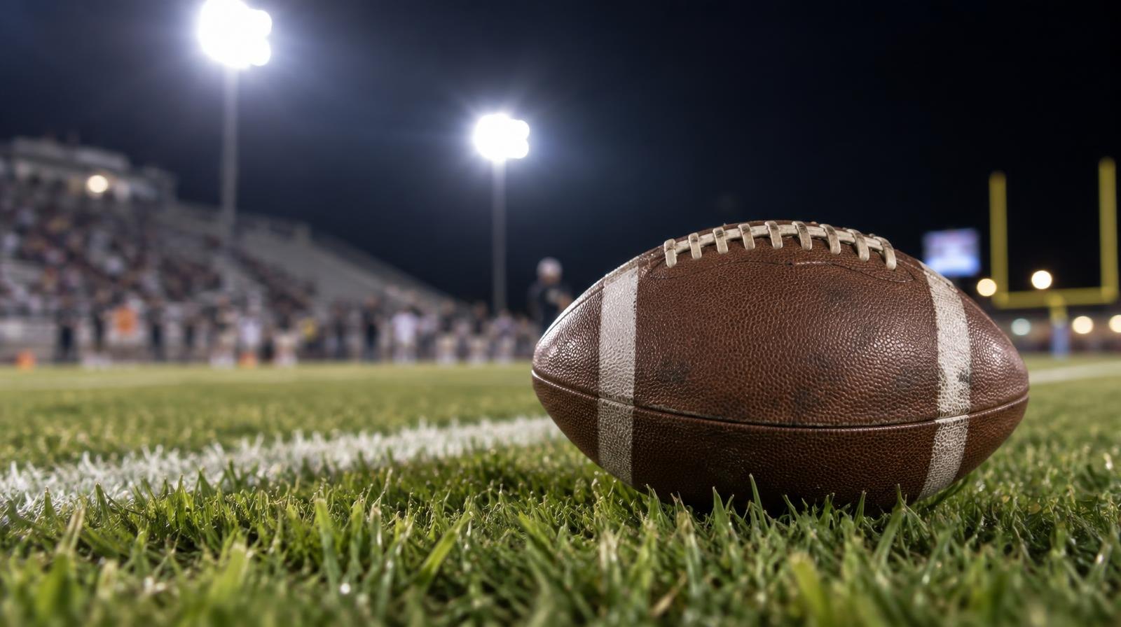 An American football on green grass near a white yard line under bright stadium lights.
