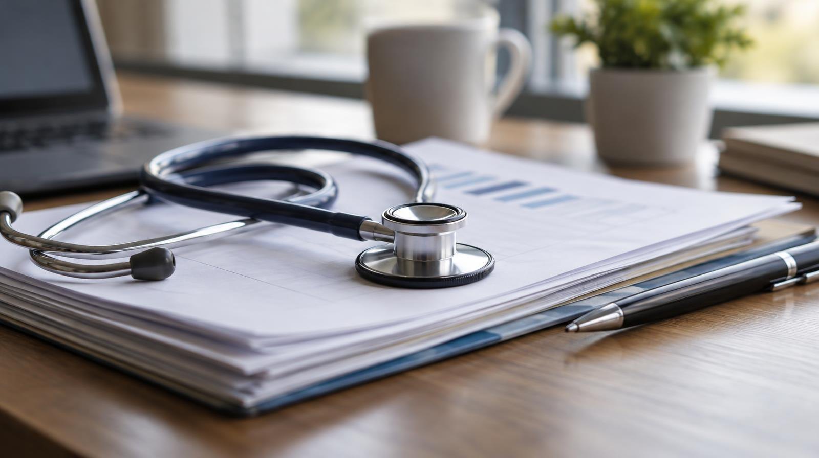 A stethoscope resting on a stack of documents beside a pen on a desk.