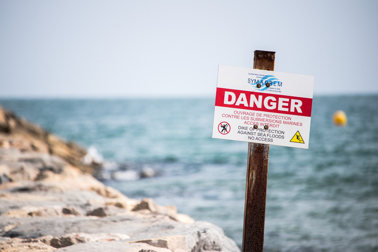 Danger, sign, nature, beach, warning, dike, floods, swimming, water, risk, safety, sea, ocean, france, blue safety