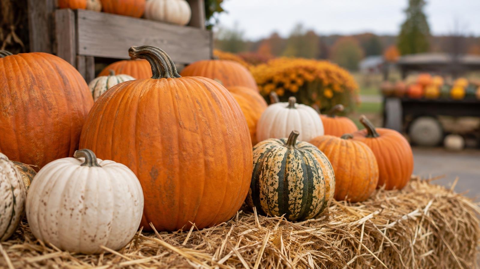 Assorted orange, white, and striped pumpkins of different sizes arranged on straw.