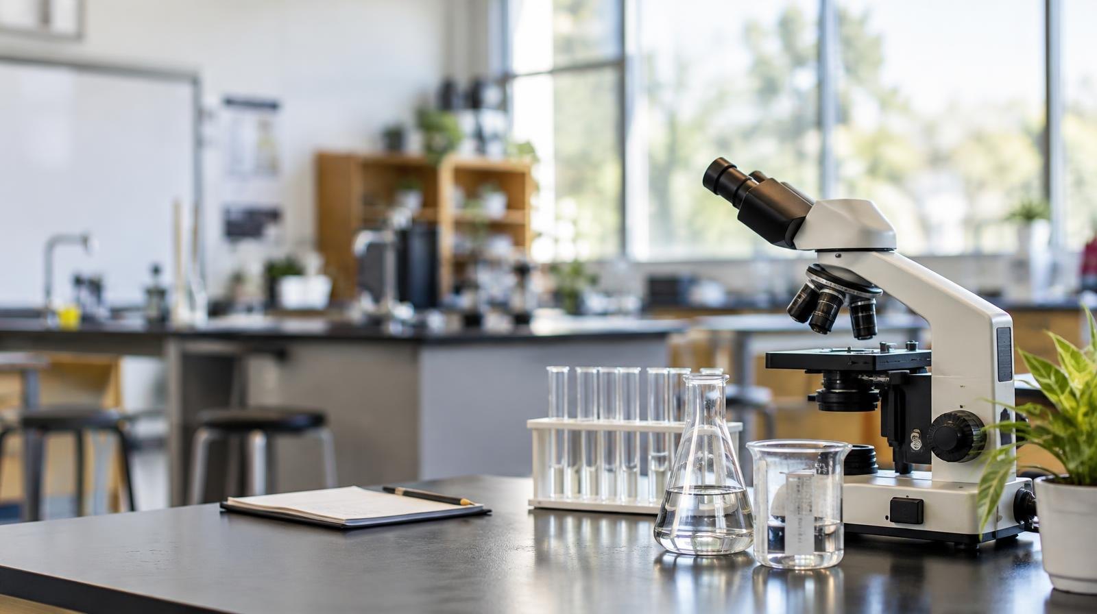 Bright modern lab room with benches, scientific equipment, and large windows.