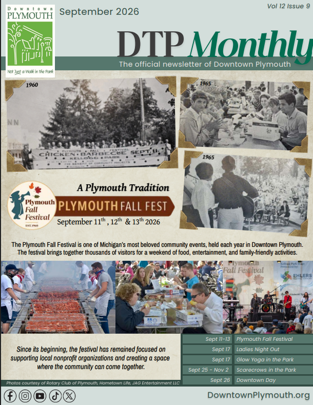 Newsletter cover promoting Plymouth Fall Festival with event photos and a calendar of September events.