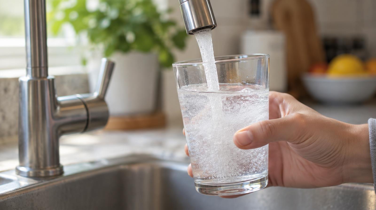 A clear glass being filled with slightly cloudy tap water from a faucet.