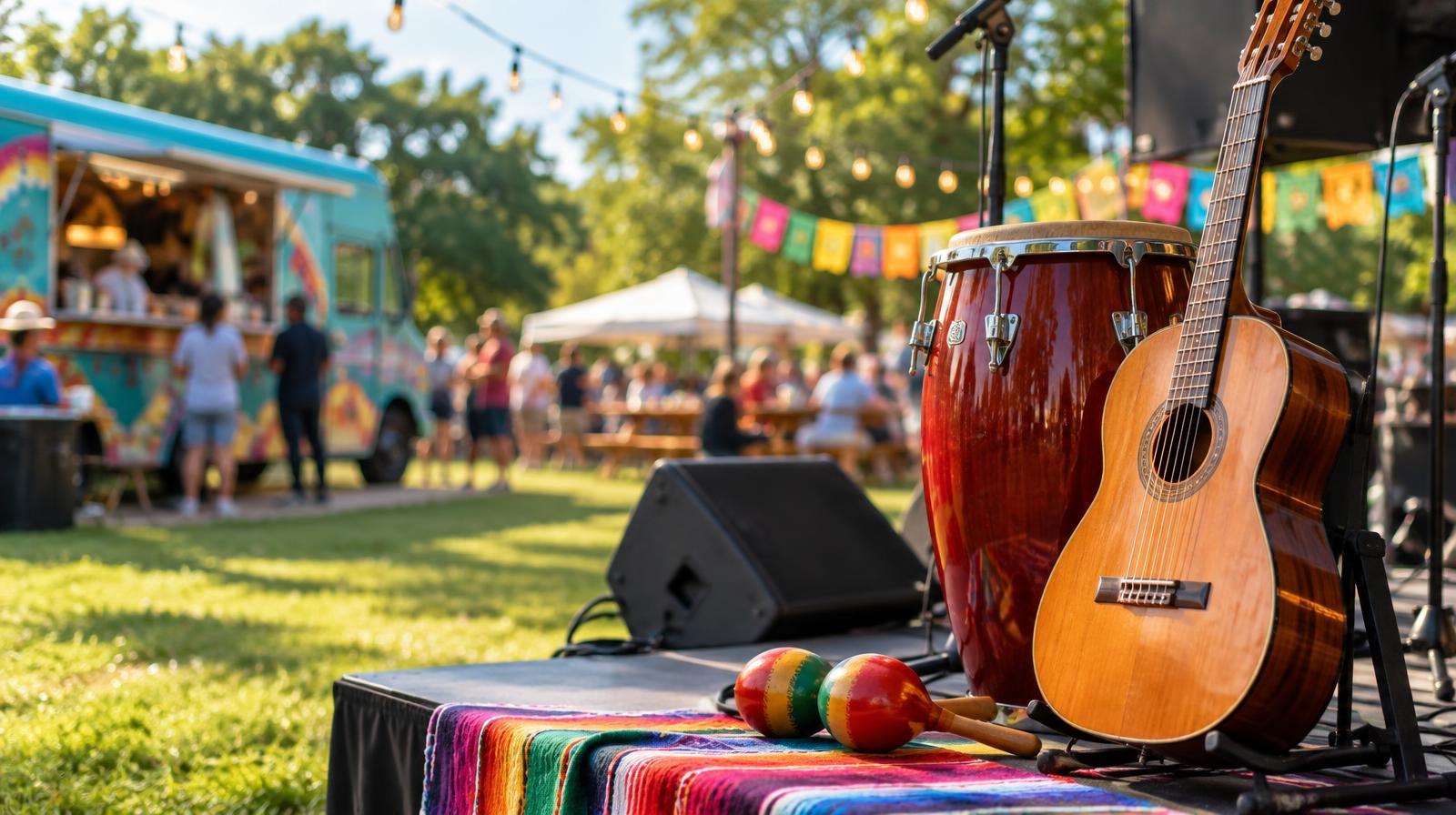 Colorful outdoor festival with a food truck, string lights, and musical instruments on a lawn.
