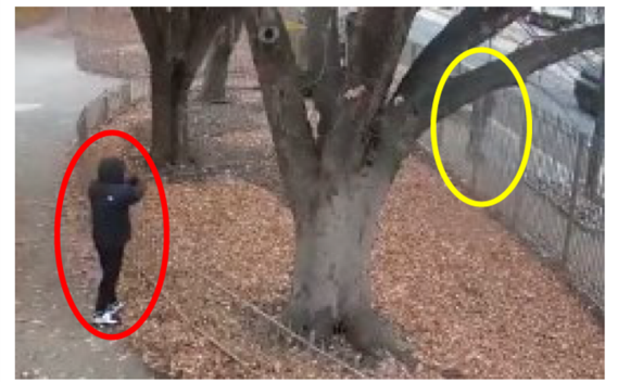 Overhead surveillance still showing two figures on a sidewalk, each circled in a different color.