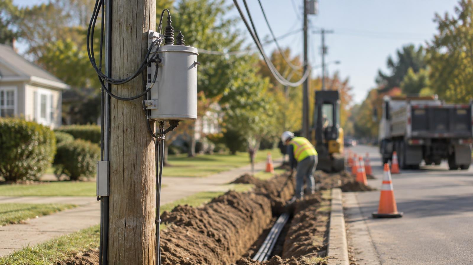 Wooden utility pole with wires beside a street trench for underground cable.