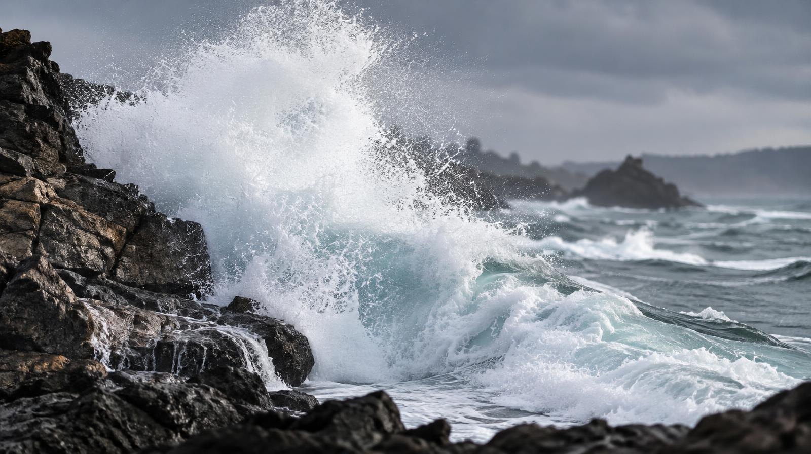 A powerful wave breaks and sprays white foam against a rocky coastal shoreline.
